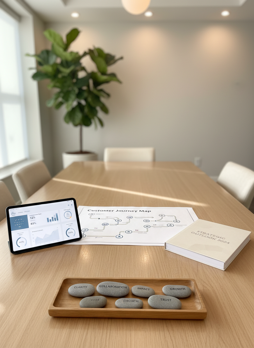 A polished conference table made of light oak, viewed from a slightly elevated angle, covered with carefully arranged consulting materials: a printed journey map with icons and arrows, a tablet showing a dashboard of simple performance metrics, a bound report with a clean, understated cover, and a small tray holding smooth river stones labeled with values like “clarity,” “collaboration,” and “impact.” Neutral-toned walls and a large indoor plant in the blurred background create a calm, grounded environment. Soft overhead lighting combined with gentle window light creates balanced illumination and subtle reflections on the tabletop. Photographic realism with moderate depth of field emphasizes a mood of thoughtful collaboration and sustainable, real-world solutions.
