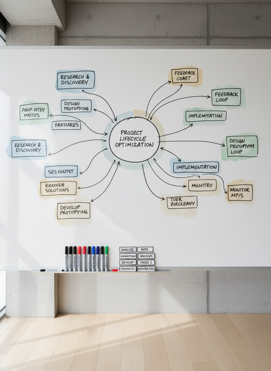 A wide whiteboard wall filled with a thoughtfully organized systems map, using clean hand-drawn lines, arrows, and neatly written keywords in dark ink, accented by a few muted color highlights. Several uncapped markers rest on a slim ledge below, next to a small stack of magnetic cards labeled with concise project steps. Soft, diffused daylight from an unseen window to the left washes over the surface, making the writing sharp and legible while casting faint shadows from the markers. Photographic realism, captured straight-on with sharp focus throughout, creating a mood of structured thinking, problem-solving, and strategic clarity in a minimalist, modern office setting.
