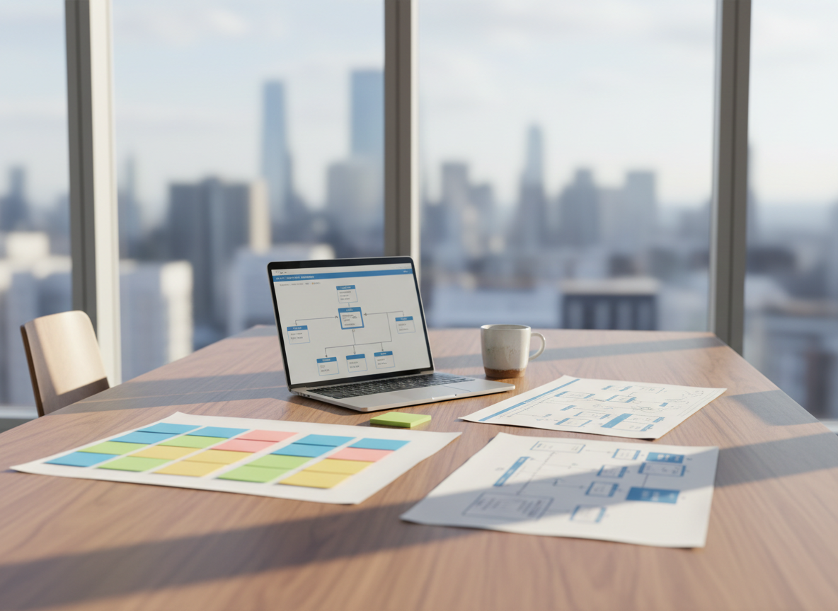 A clean, modern consulting workspace with a large natural-wood table covered in neatly arranged tools of strategic planning: color-coded sticky notes, a sleek open laptop displaying a clear process diagram, printed workflow maps, and a simple ceramic mug. The scene sits in front of tall windows revealing a soft, out-of-focus city skyline. Mid-morning natural light pours in, creating gentle highlights on the laptop’s brushed metal surface and soft shadows across the paper. Photographic realism, shot at eye level with a shallow depth of field, keeps the table in crisp focus while the background fades softly, conveying clarity, organization, and calm professionalism.